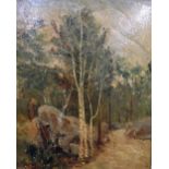 1908 French impressionist oil on board, "The woodland path", indistinctly signed & inscribed