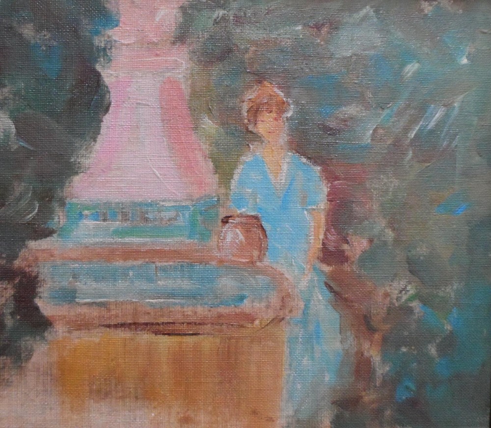 Unsigned, Central European impressionist school oil on board, of a lady by the water fountain,