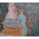 Unsigned, Central European impressionist school oil on board, of a lady by the water fountain,