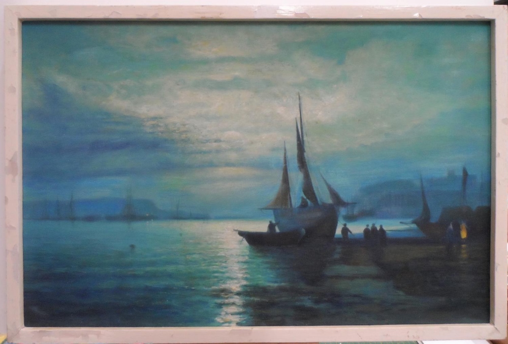 Unsigned, early 20thC oil on canvas, "Beached fishing boats near Whitby", framed, The painting - Image 2 of 4