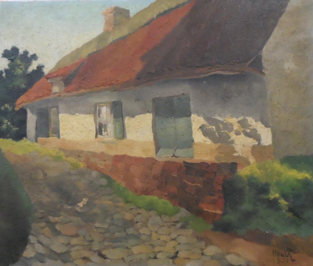 Indistinctly signed 1937 French oil on canvas, "Country farmhouse", unframed, The oil measures 36 - Image 4 of 5