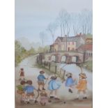 Susan M Ridyard 1980 watercolour "Children at play in northern street", signed & dated, framed,