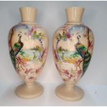 Pair of hand-painted Victorian pink glass vases (2), decorated in faux Chinese style with Peacocks