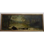 Indistinctly signed 1919 oil on board, "Abbey ruins by the river", framed, The oil measures 22 x