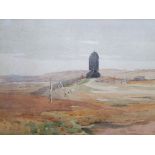 A Rudd watercolour "Windmill in extensive landscape", framed, The w/c measures 24 x 32 cm