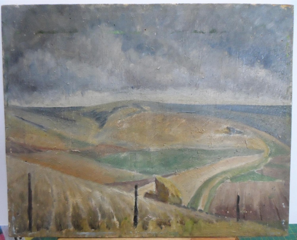 Unsigned, mid 20C British school oil on wood panel, in the style of Revilious/Nash, extensive open