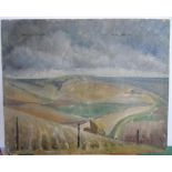 Unsigned, mid 20C British school oil on wood panel, in the style of Revilious/Nash, extensive open