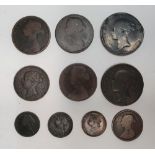 Small collection of Victorian copper coins, 1d, 1/2d, farthings etc (10)
