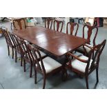 Large darkwood extendable dining table w/dual base, 10x dining chairs (2x chairs have armrests & all