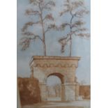 Indistinctly signed watercolour "Country gate-house", signed with Arthur Ackerman label verso,