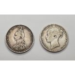 QV 1887 Jubilee head shilling & an 1875 young head shilling, both VF (2)