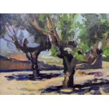 L Gosset impressionist oil on board, "French tree-lined square", signed, wood framed, The oil