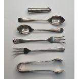 Collection of 1920s/30s English hall-marked silver forks, sugar tongues etc (6) 55 grams total