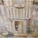 Large David WOODLOCK (1842-1929) watercolour "Lady in cottage doorway", signed, In modern wash mount