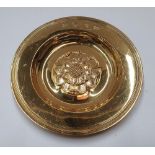 Hallmarked silver gilt, 1963 circular dish embossed with an English rose by Hickleton & Phillips