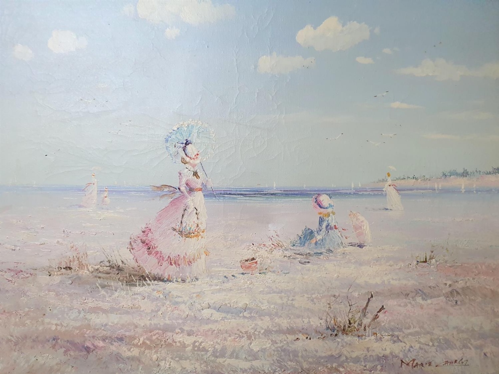 Attributed to Yvonne Dupre (French 20thC), large oil on canvas of Edwardian ladies with parasols - Image 2 of 5