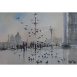 Peter TOMS (born 1940) watercolour, flock of birds in Italian square, signed, wash mount, framed &