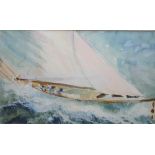 Indistinctly signed watercolour "Yacht at sea", framed, The w/c measures 17 x 27 cm