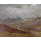 Indistinctly signed gouache "British moorland valley", framed and glazed, The picture measures 12