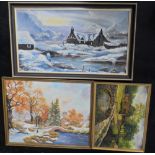 3 late 20thC landscape oils, 2 in the manner of John Corcoran (Nelson born 1940), all framed, The