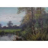 H Adams, Edwardian river-scene oil on canvas, in superb original wide wood frame, signed, The oil