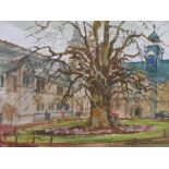 Indistinctly signed watercolour "University collage square", mounted, framed and glazed, The w/c