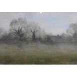 A M V Jones 1981 watercolour "Misty fields, Wales", signed, inscribed verso, framed and glazed, 29 x