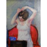 Unsigned, mid 20thC oil on board, "Lady at getting dressed" in hardwood frame, The oil measures 19 x