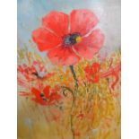 Unsigned modernist oil "Poppy study" in thin wood frame, The oil measures 24 x 15 cm