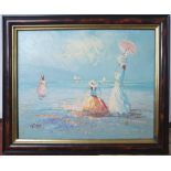 Circle of Yvonne Dupre (French 20thC) oil on canvas, "Edwardian ladies with parasols by the sea",