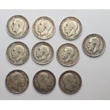 10 George V (1902 to 1919) silver shillings (10)