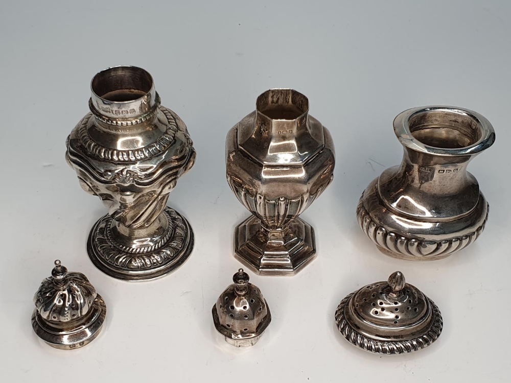 3 antique English silver pepper pots, to include 1 hallmarked 1899 Chester & 2 with Birmingham - Image 2 of 2