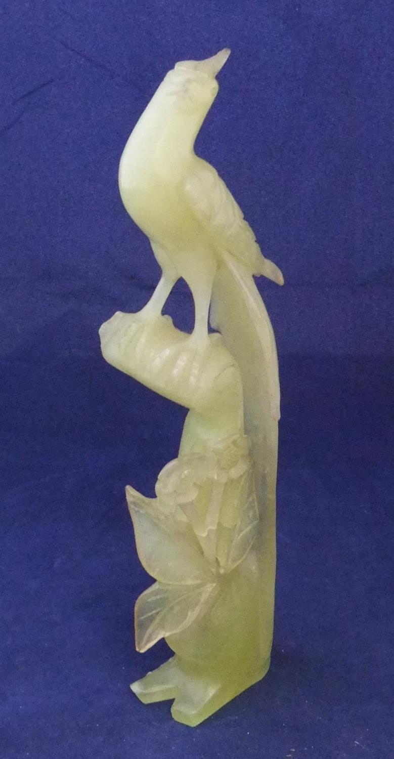Finely carved jade statue of a bird amongst foliage 26cm high - Image 2 of 4