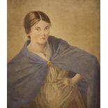 Percy LANCASTER (1878-1951) watercolour, portrait of a young lady in a blue cloak, signed, In a