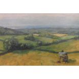 Unsigned, Edwardian oil on canvas, "Painter in extensive English country landscape", framed, The oil
