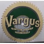 Vintage "Vargus" metal sign, shaped in the form of a circular saw Approx 60 cm in diameter Good