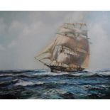 Large, 20thC oil on canvas of a schooner in the high seas, indistinctly signed J?? Blade, wood frame