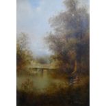 Indistinctly signed Victorian oil "Fisherman at a country pond", wood framed, The oil measures 61