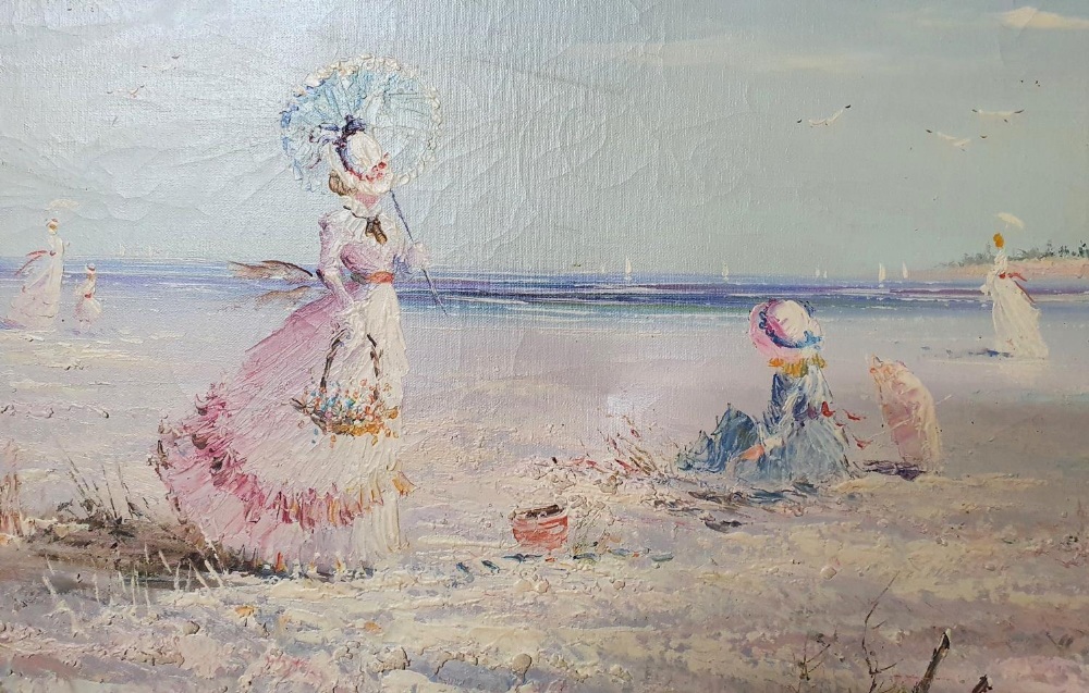 Attributed to Yvonne Dupre (French 20thC), large oil on canvas of Edwardian ladies with parasols - Image 3 of 5