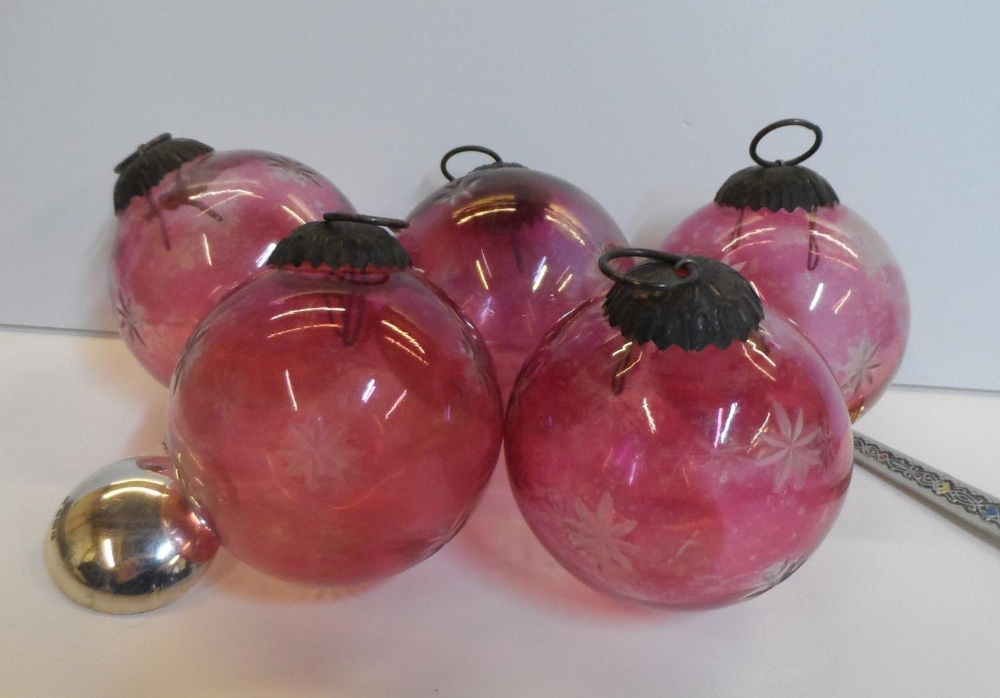 5 Edwardian cranberry glass Christmas tree baubles