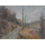 Unsigned, mid 20thC French post-impressionist oil "Cattle on country track", plain wood frame, The