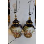 Hand painted pair of later 20thC ceramic table lamps, painted with 18thC figures & on circular