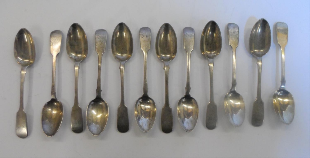 Set of 12 London Georgian tea-spoons all initialled J.A.W (270 grams)