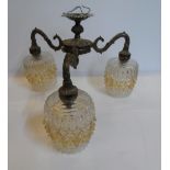 Early 20thC ceiling lights with 3 original glass light fittings on brass fixture