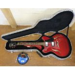 "Rally" blood red electric guitar with strap 1/4" Jack Lead & "Rockcase" carry case, Approx 107 cm