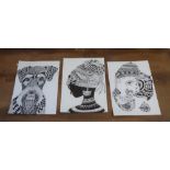 Three fine quality, unsigned, modernist pen & ink drawings depicting an Elephants head, a front on