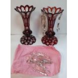 Pair of Victorian cranberry glass lustres with glass droplets (2), 28 cm tall