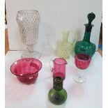 Collection of antique glassware to include a small Art Nouveau green bulb vase with on-laid metal