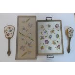 Collection of matching 20thC tapestry items to include a wall plaque, a tray & a ladies brush &