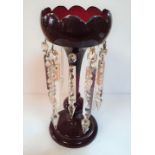 Victorian cranberry glass centre-peice with glass droplets, 33 cm tall